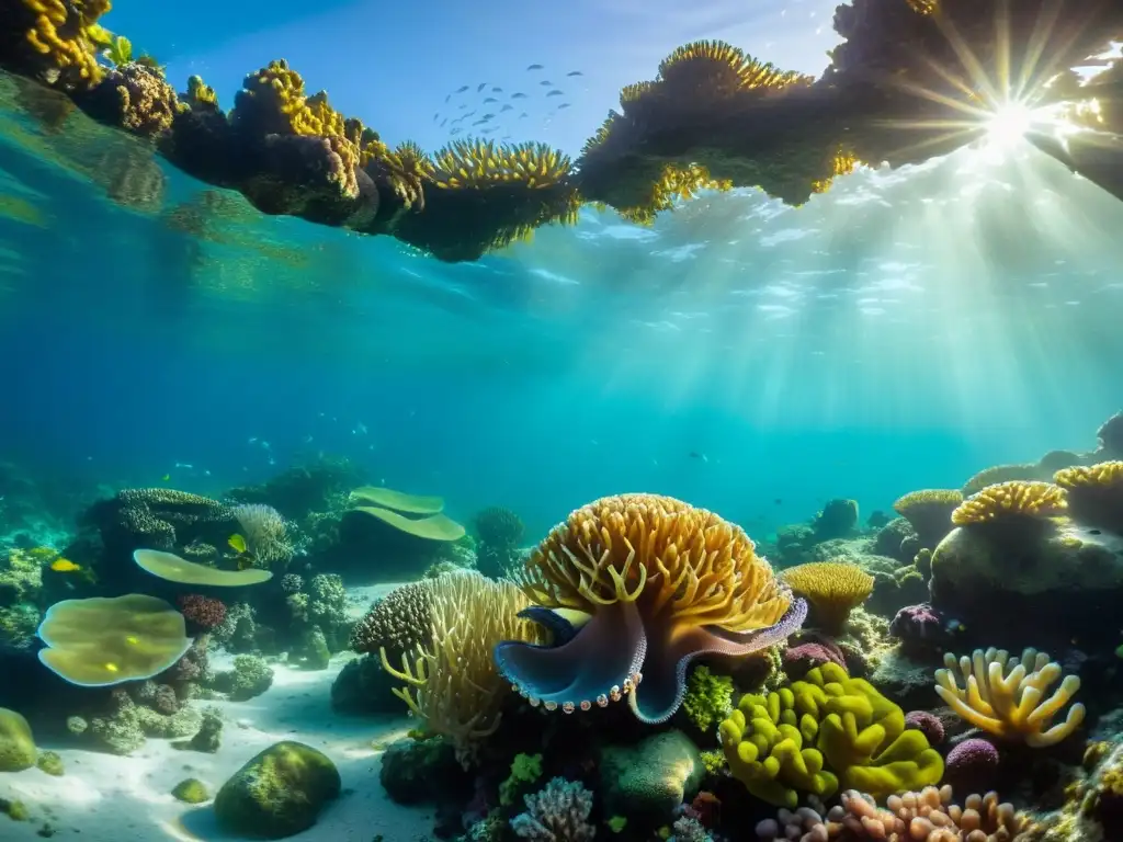 Un vibrante arrecife de coral donde pulpos se camuflan