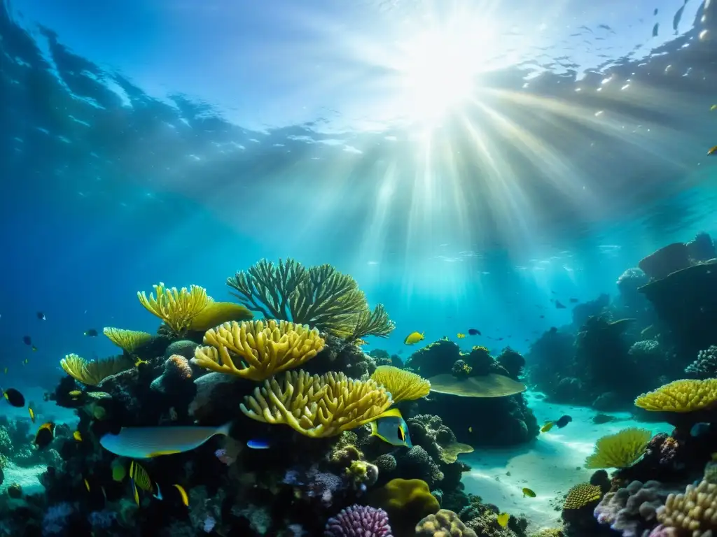 Un vibrante arrecife de coral repleto de vida marina, iluminado por el sol