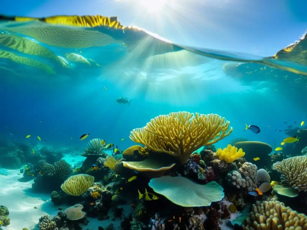 Un vibrante arrecife de coral repleto de vida marina, iluminado por el sol y amenazado por la contaminación plástica