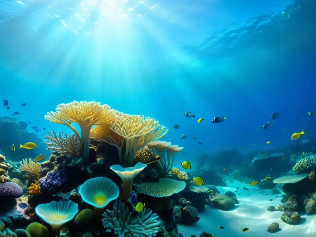 Un vibrante arrecife de coral repleto de vida marina, con agua clara y rayos de sol filtrándose