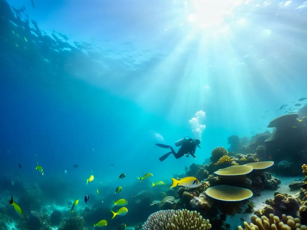 Un vibrante arrecife de coral repleto de vida marina, con peces coloridos y buceadores explorando un mundo submarino