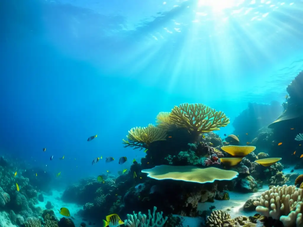 Un vibrante arrecife de coral, repleto de peces de colores y vida marina, con agua cristalina y formaciones de coral