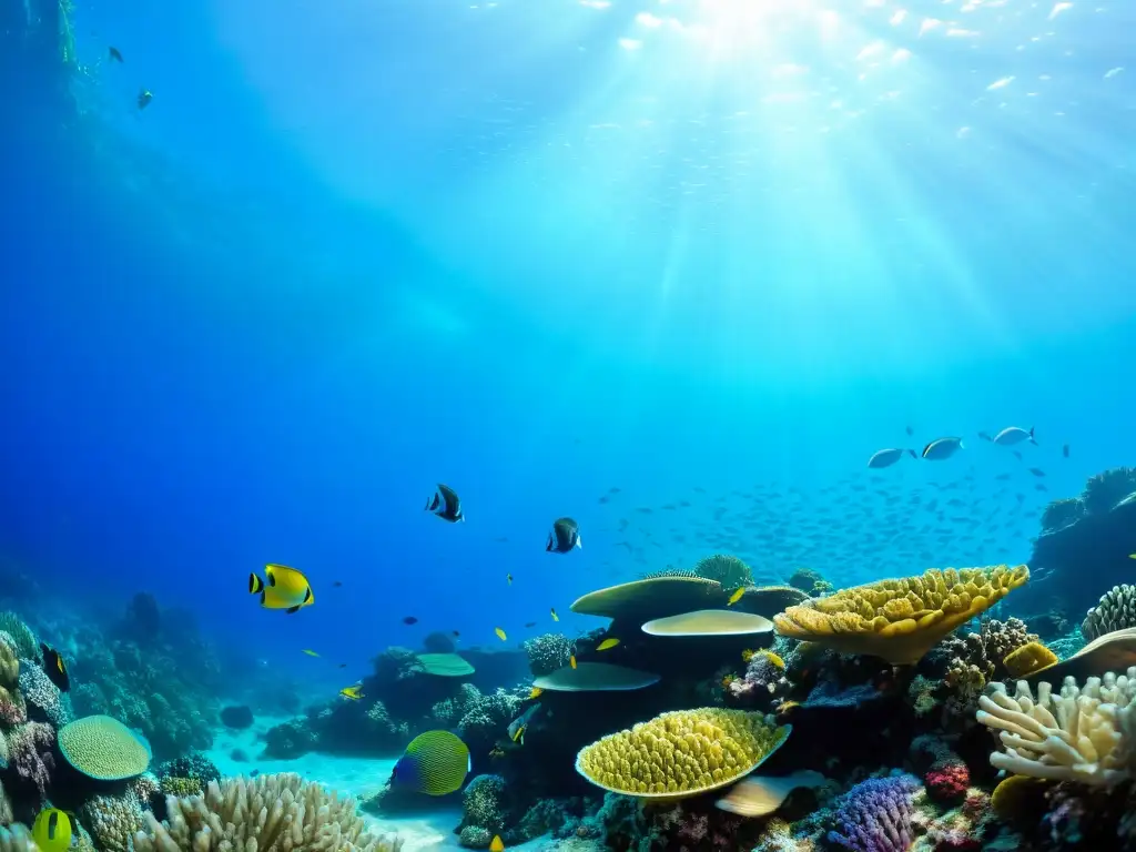 Un vibrante arrecife de coral repleto de vida marina y peces coloridos, iluminado por rayos de sol en las aguas azules