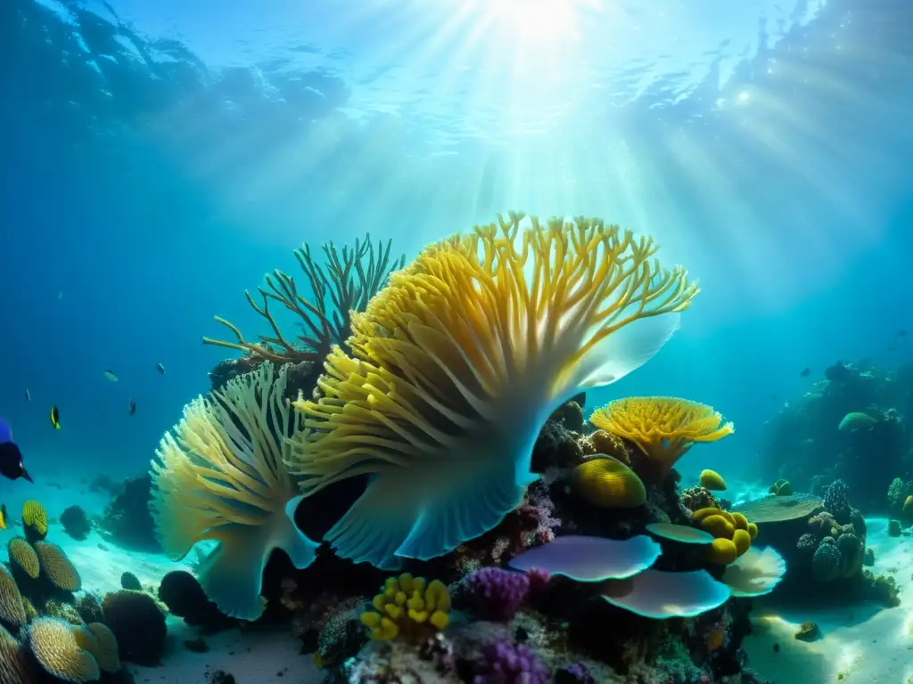 Un vibrante arrecife de coral repleto de peces coloridos, anémonas y abanicos marinos