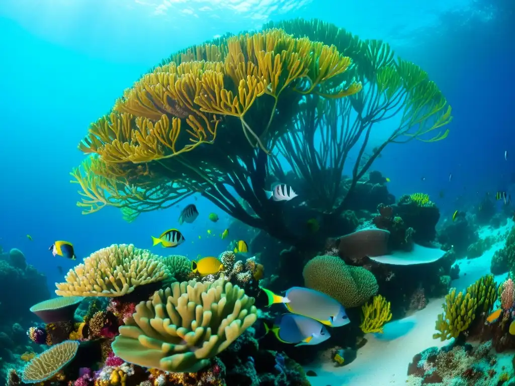 Un vibrante arrecife de coral repleto de vida marina, enfrentando el cambio climático en la vida marina