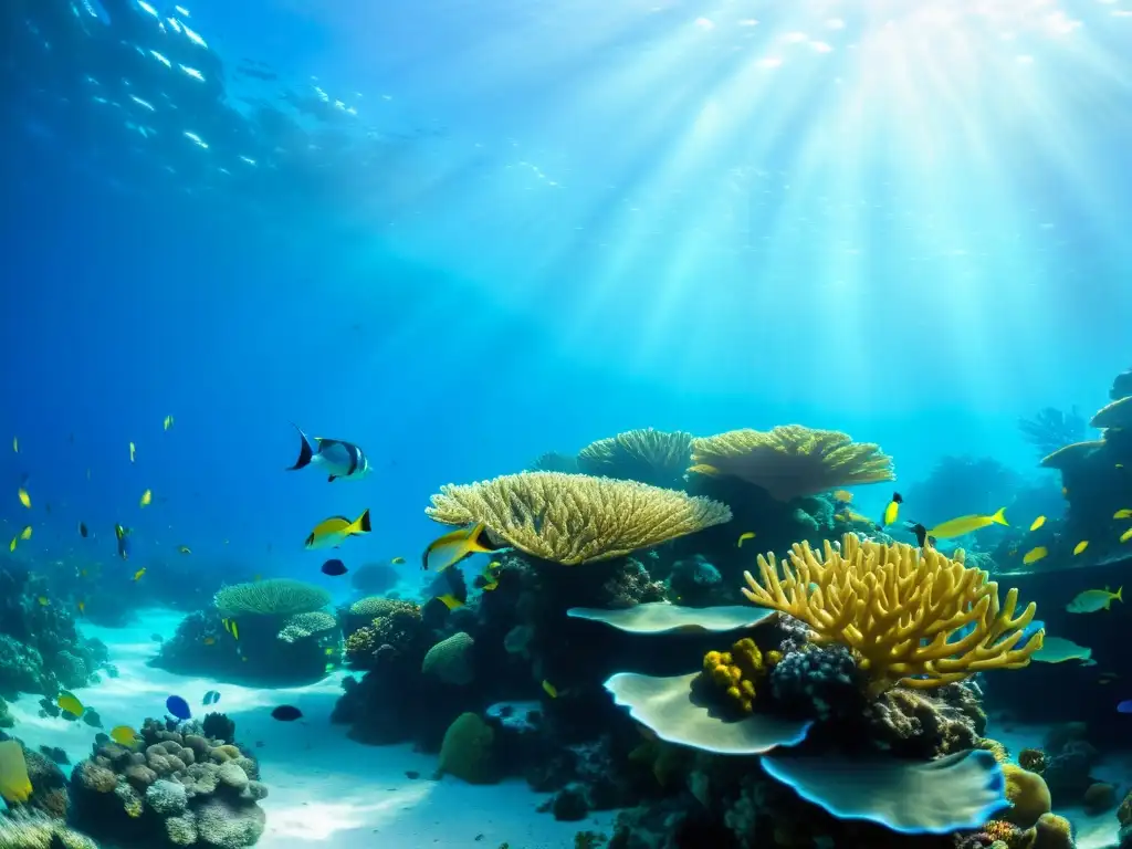 Un vibrante arrecife de coral repleto de peces coloridos y plantas marinas, con agua cristalina y luz solar filtrándose