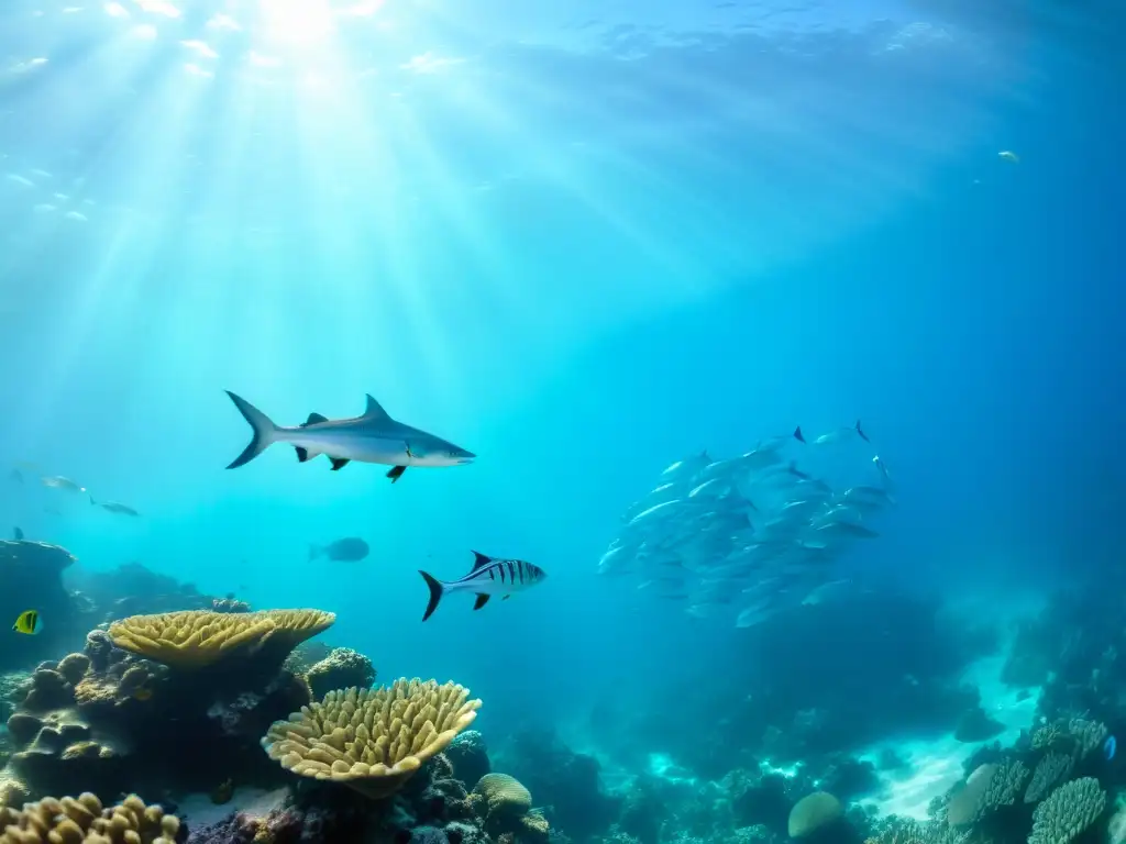 Un vibrante arrecife de coral repleto de peces rodeado por una escuela de barracudas plateadas