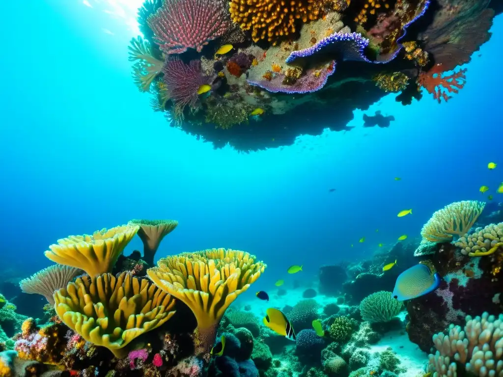 Un vibrante arrecife de coral repleto de vida marina, con simbiosis en cefalópodos marinos