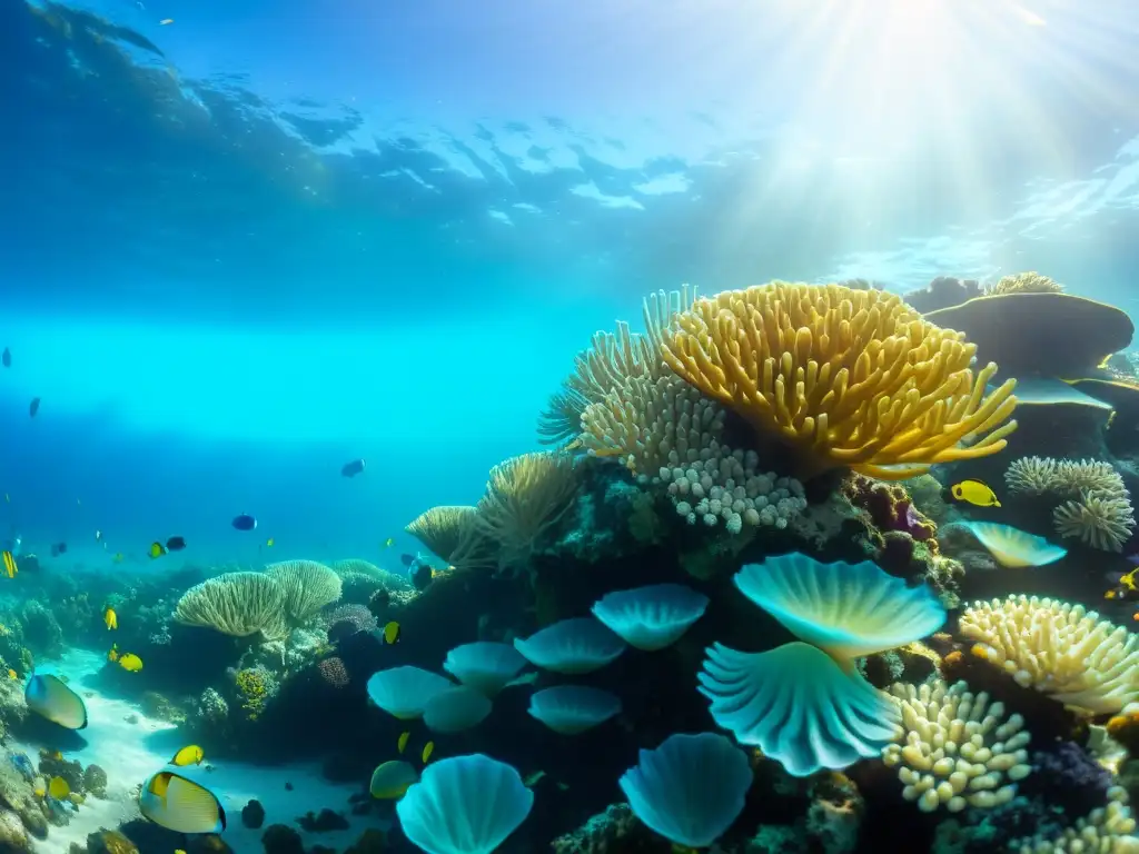 Un vibrante arrecife de coral, repleto de vida marina y aguas turquesas cristalinas