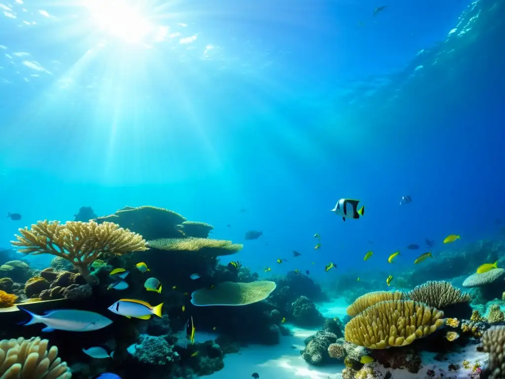 Un vibrante arrecife de coral repleto de vida marina, peces coloridos, tortugas marinas y plantas marinas, bajo aguas cristalinas