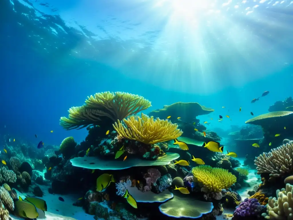 Un vibrante arrecife de coral repleto de peces coloridos y plantas marinas ondeantes