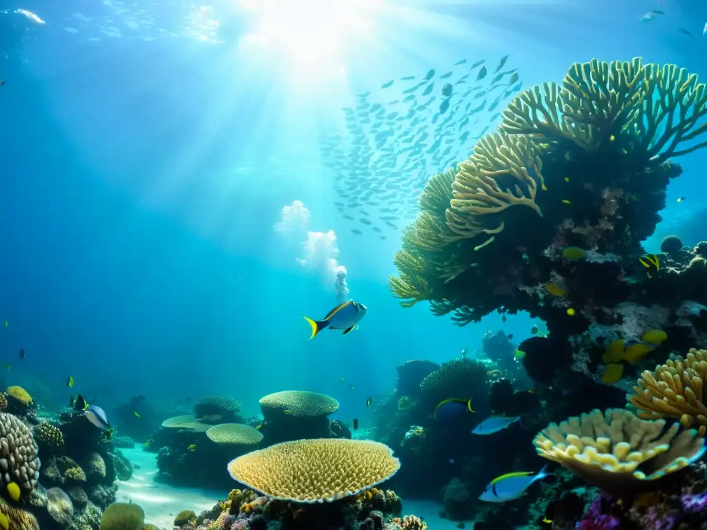 Un vibrante arrecife de coral repleto de vida bajo el agua, iluminado por el sol