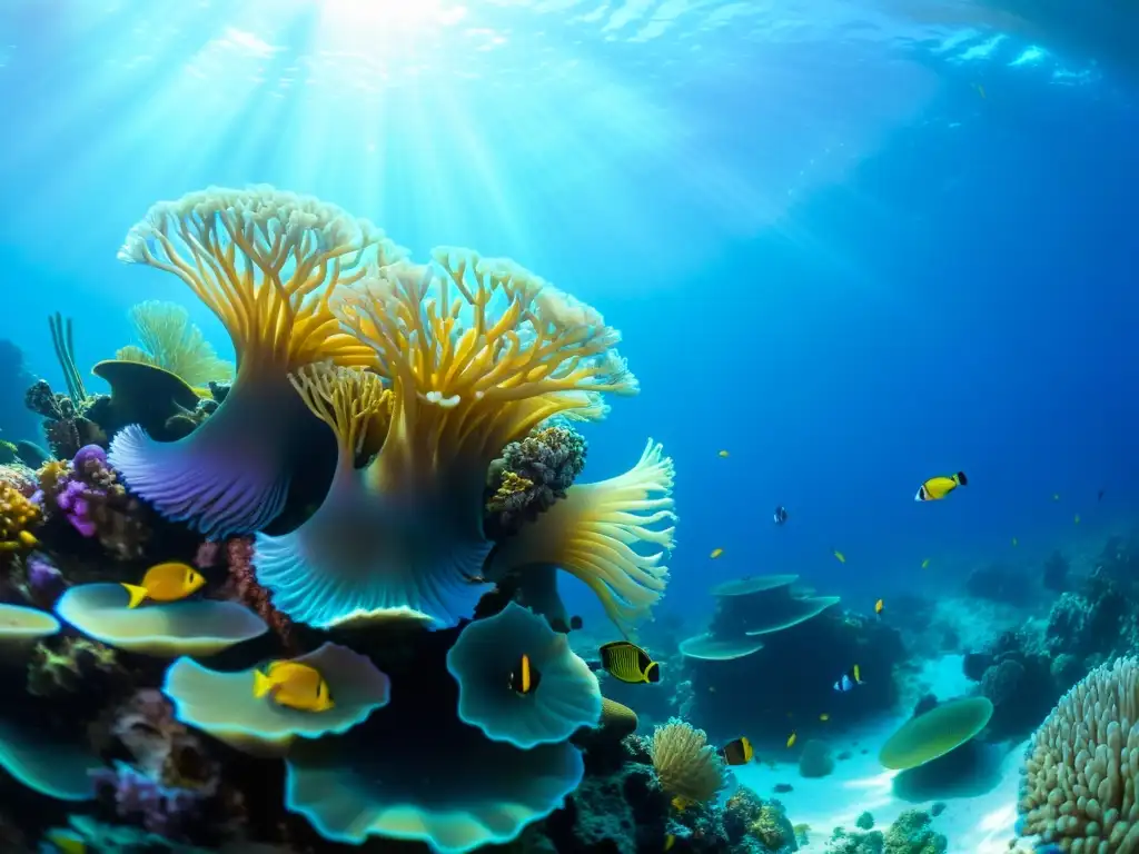 Vibrante arrecife de coral repleto de microorganismos restaurando el equilibrio marino