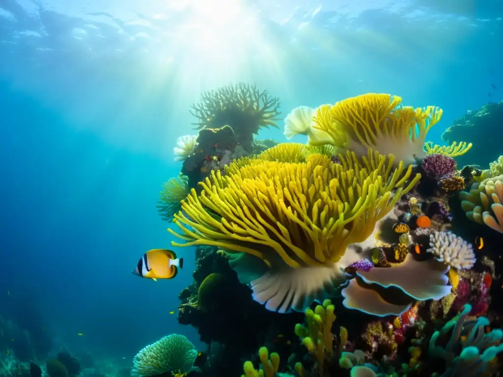 Un vibrante arrecife de coral repleto de vida marina, mostrando la diversidad de peces y plantas marinas