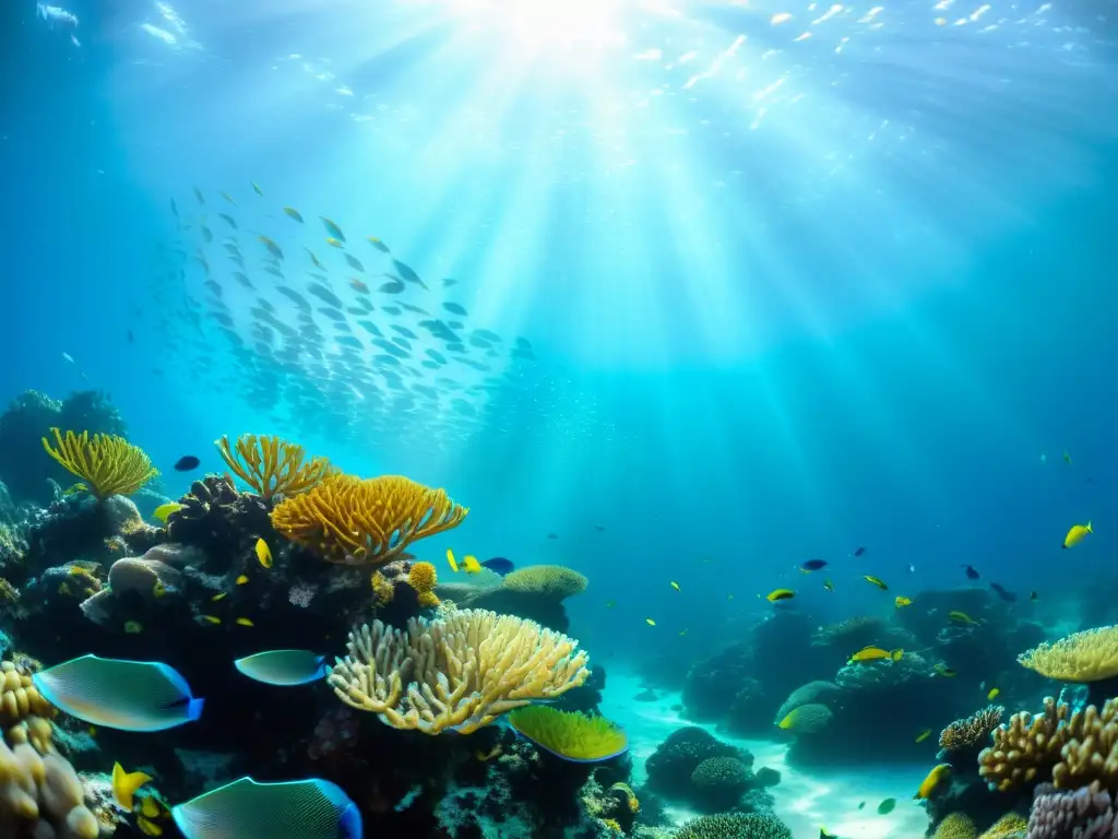 Un vibrante arrecife de coral repleto de peces y plantas marinas, iluminado por la luz solar