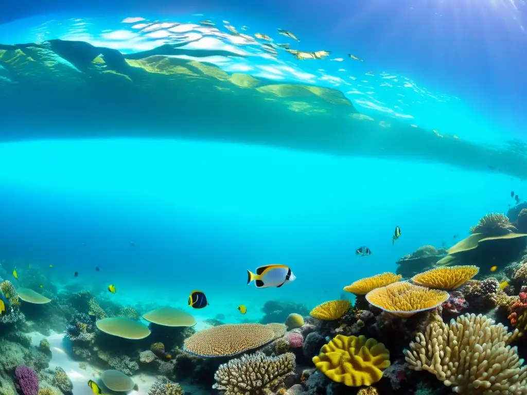 Un vibrante arrecife de coral, repleto de vida marina y colores, con equipos de buceo sostenibles para océanos