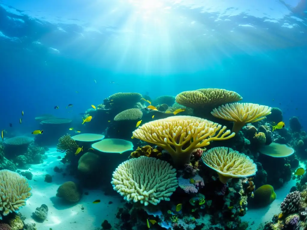 Un vibrante arrecife de coral repleto de vida marina y coloridos corales, con impacto del cambio climático en arrecifes de coral