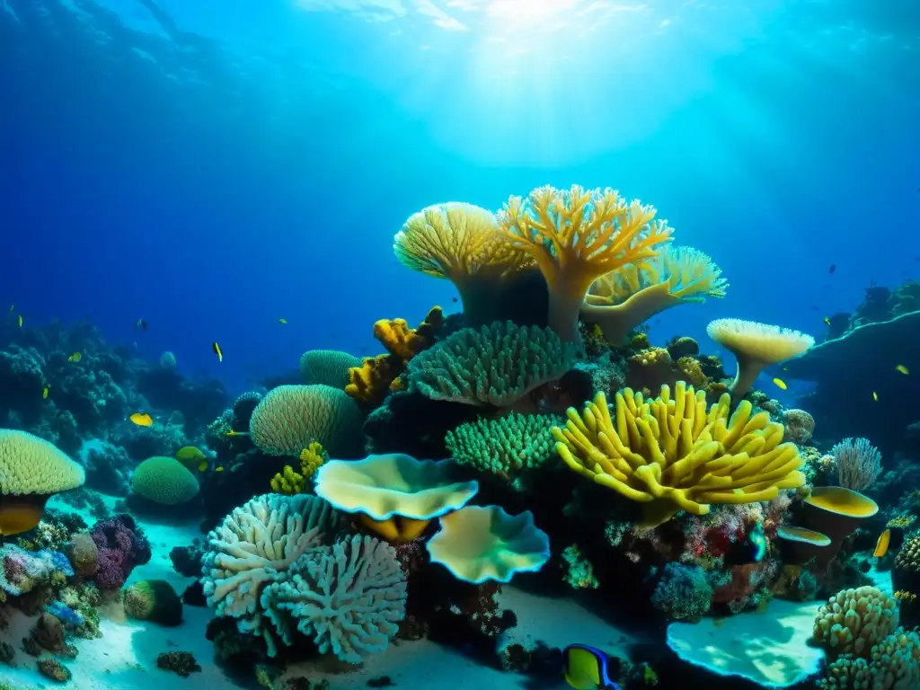 Un vibrante arrecife de coral, repleto de vida y coloridos corales, en un entorno submarino inmersivo