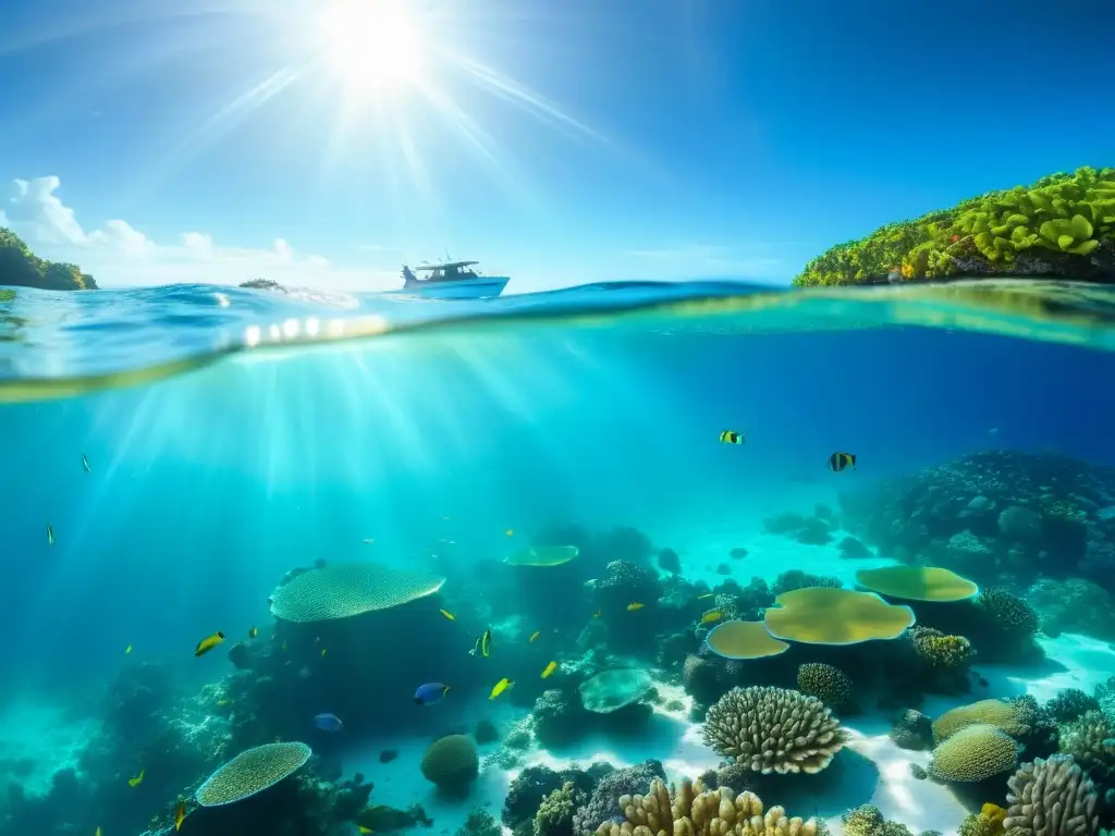 Un vibrante arrecife de coral repleto de vida marina bajo el agua turquesa
