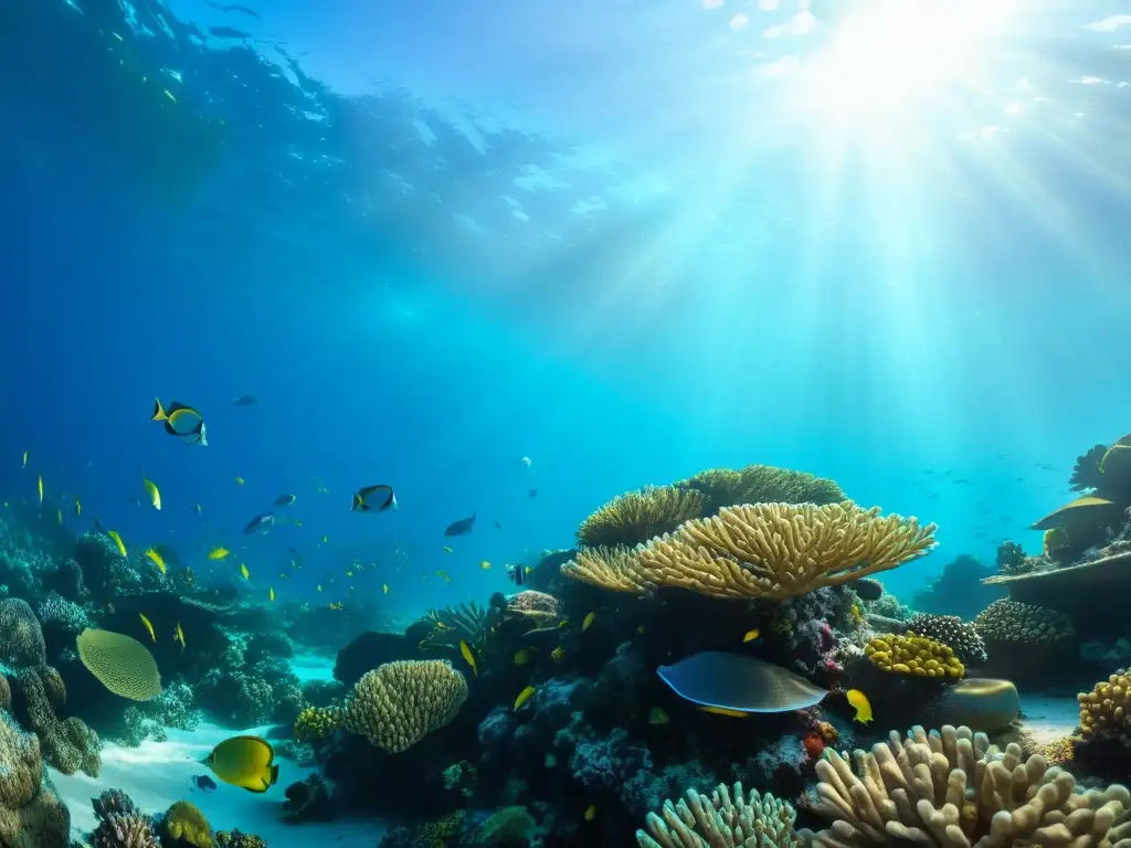 Un vibrante arrecife de coral repleto de vida marina, impacto cambios corrientes oceánicas