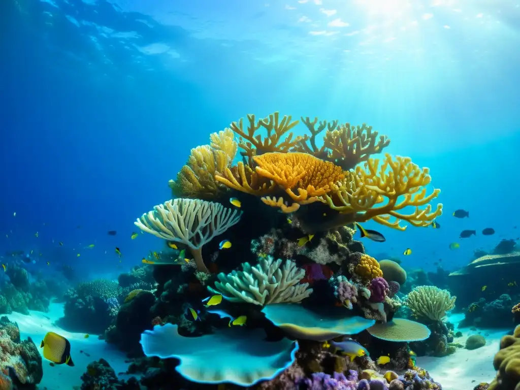 Una fotografía submarina muestra un vibrante arrecife de coral, repleto de vida marina