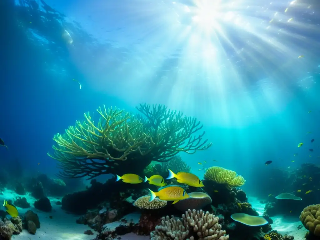 Un vibrante arrecife de coral repleto de vida marina, con peces coloridos, plantas marinas y la suave luz solar filtrándose