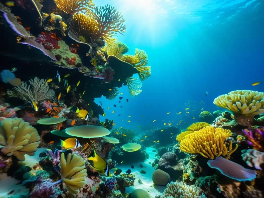 Un vibrante arrecife de coral repleto de vida marina colorida en un taller de macrofotografía submarina