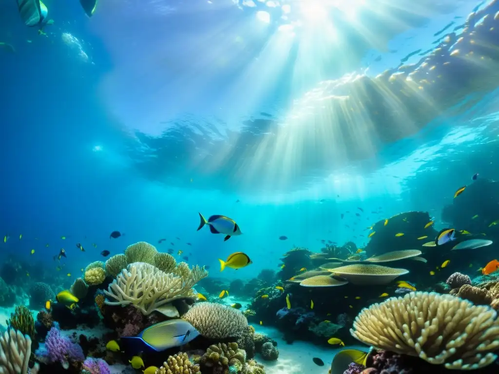 Un vibrante arrecife de coral repleto de vida marina, peces coloridos, plantas marinas ondeantes y criaturas marinas