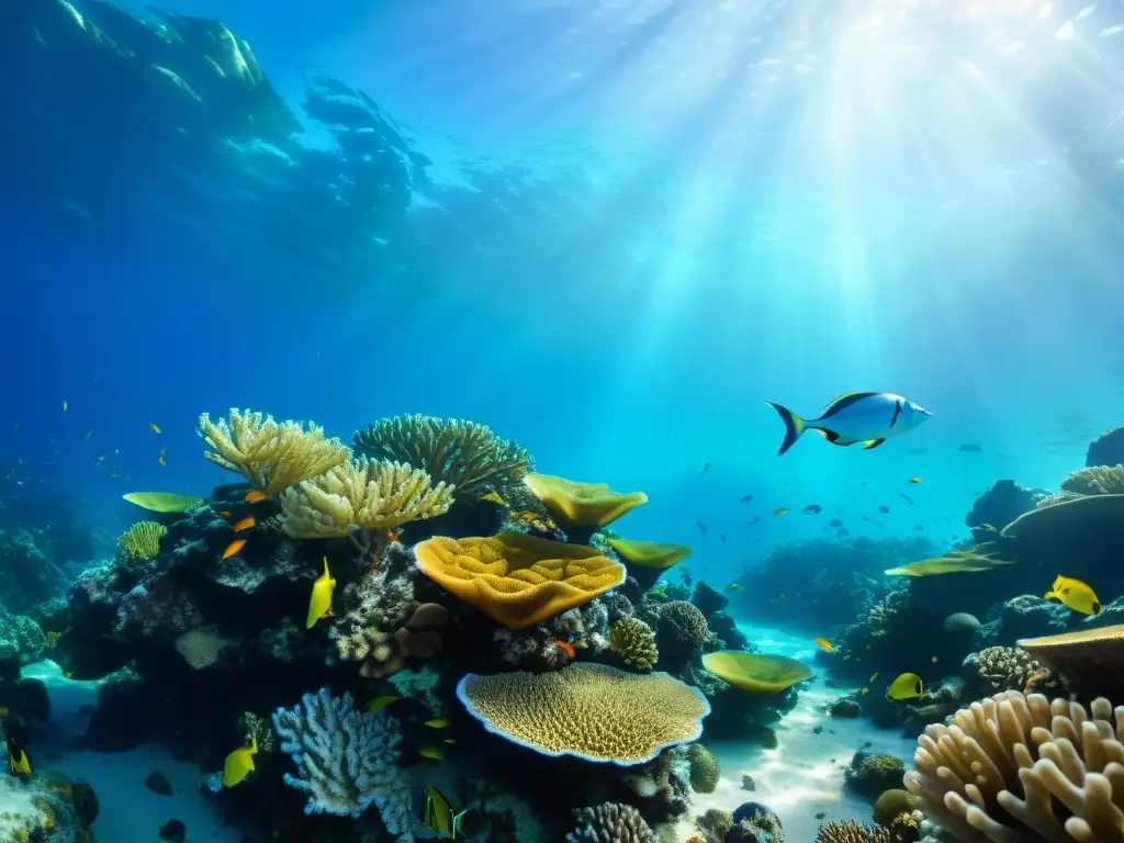 Un vibrante arrecife de coral repleto de peces coloridos y plantas marinas, bañado por la luz del sol en el agua azul