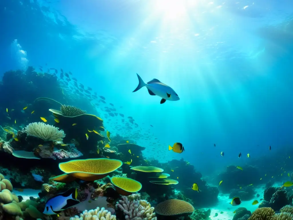 Un vibrante arrecife de coral repleto de vida marina colorida, con peces tropicales, anémonas y formaciones de coral, bañado en la suave luz del sol