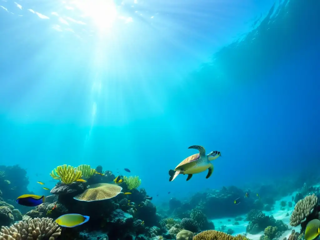 Arrecife de coral vibrante: vida marina en un mundo subacuático Un vibrante arrecife de coral repleto de vida marina, peces tropicales, plantas marinas y tortugas marinas, bajo el agua cristalina