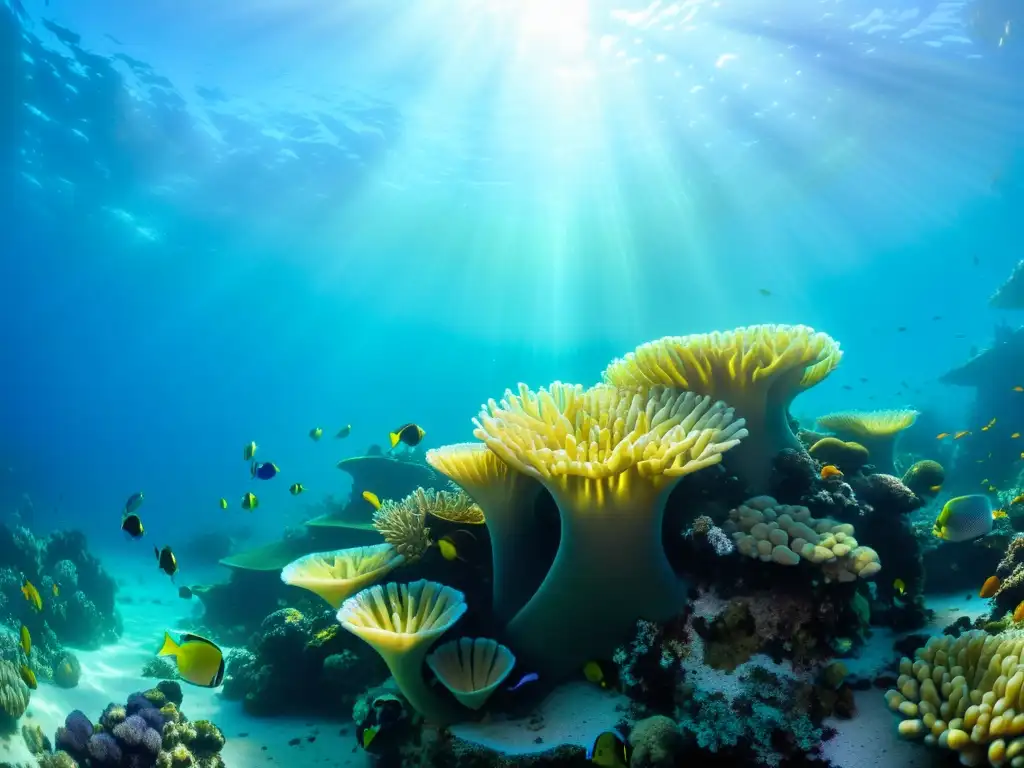 Un vibrante arrecife de coral repleto de vida marina, con peces coloridos, anémonas y formaciones de coral