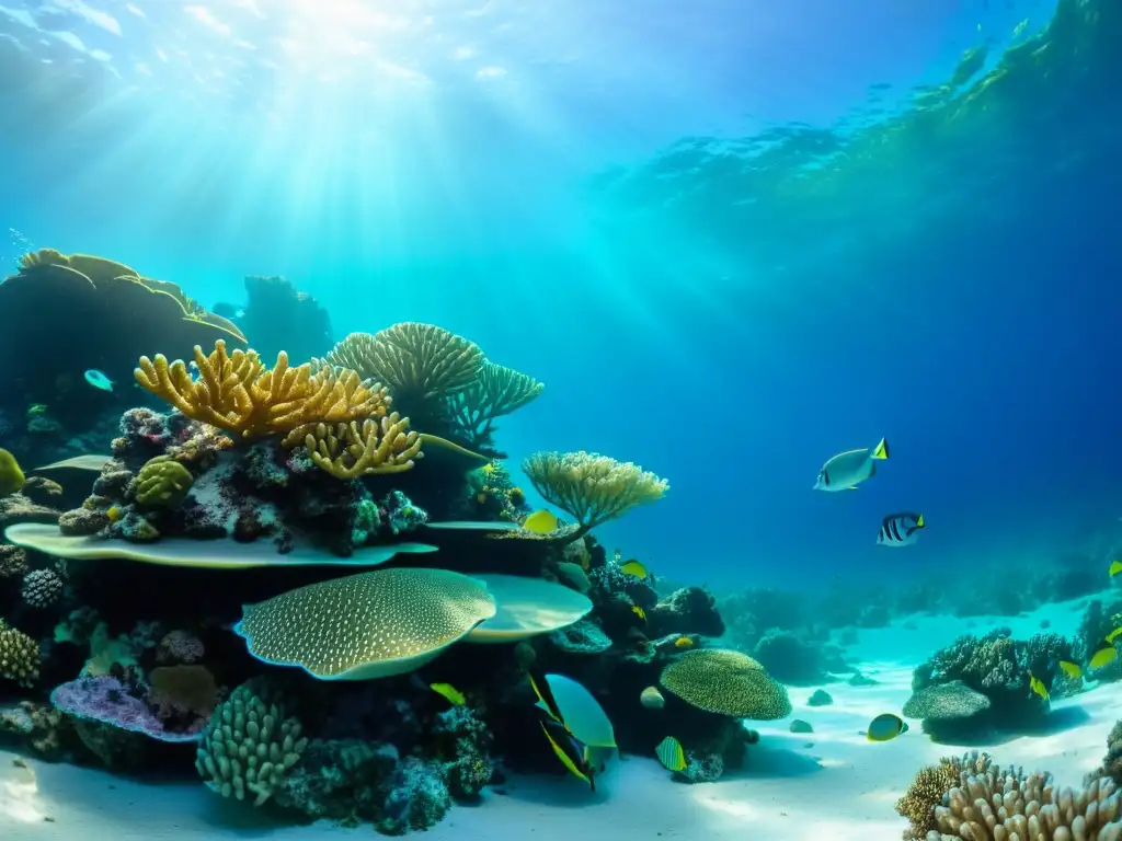 Un vibrante arrecife de coral repleto de vida marina colorida bajo el agua turquesa