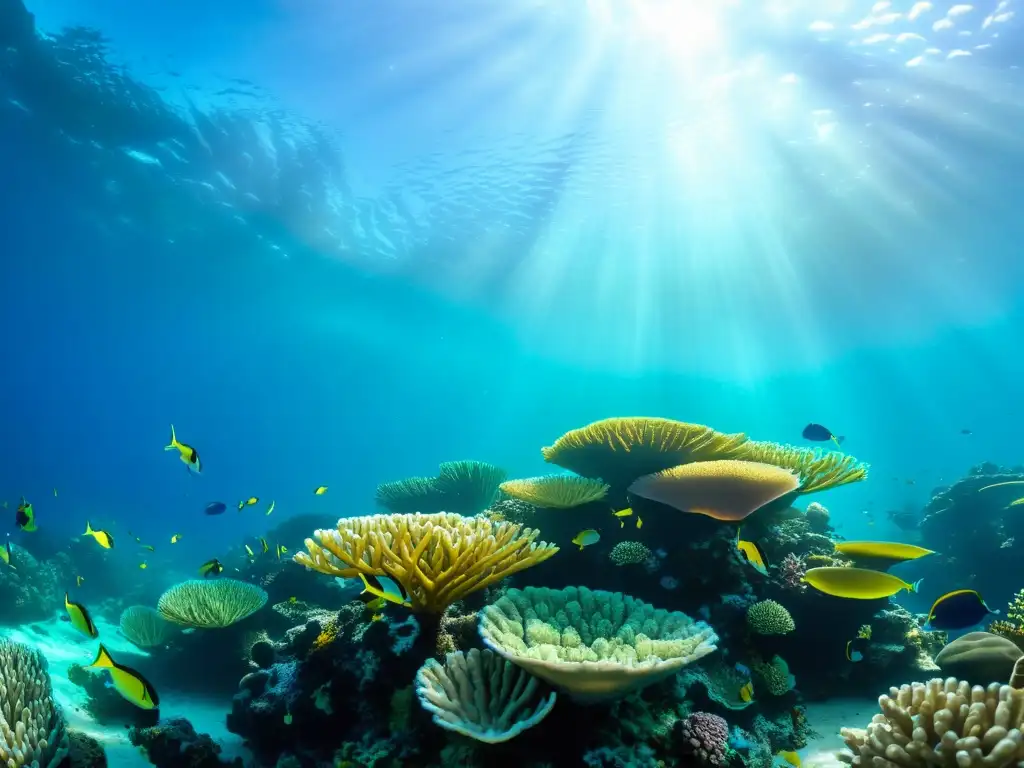 Un vibrante arrecife de coral repleto de vida marina y plantas acuáticas coloridas