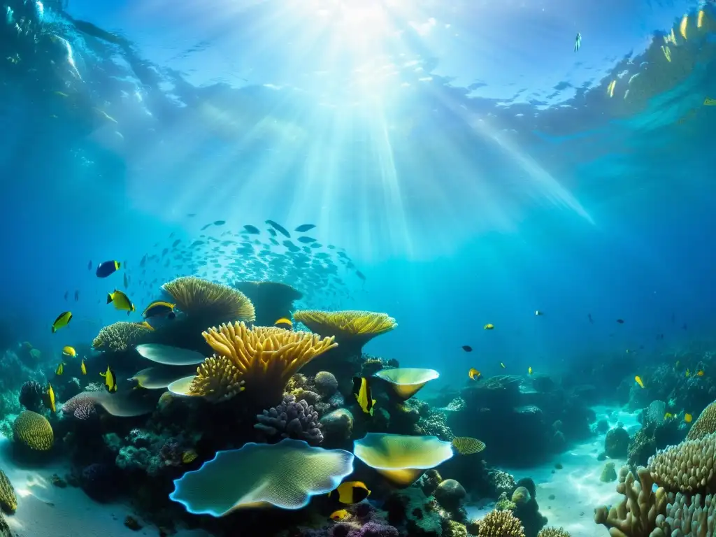 Arrecife de coral vibrante y energía eólica Un vibrante arrecife de coral repleto de vida marina, con escuelas de peces tropicales, anémonas y formaciones de coral