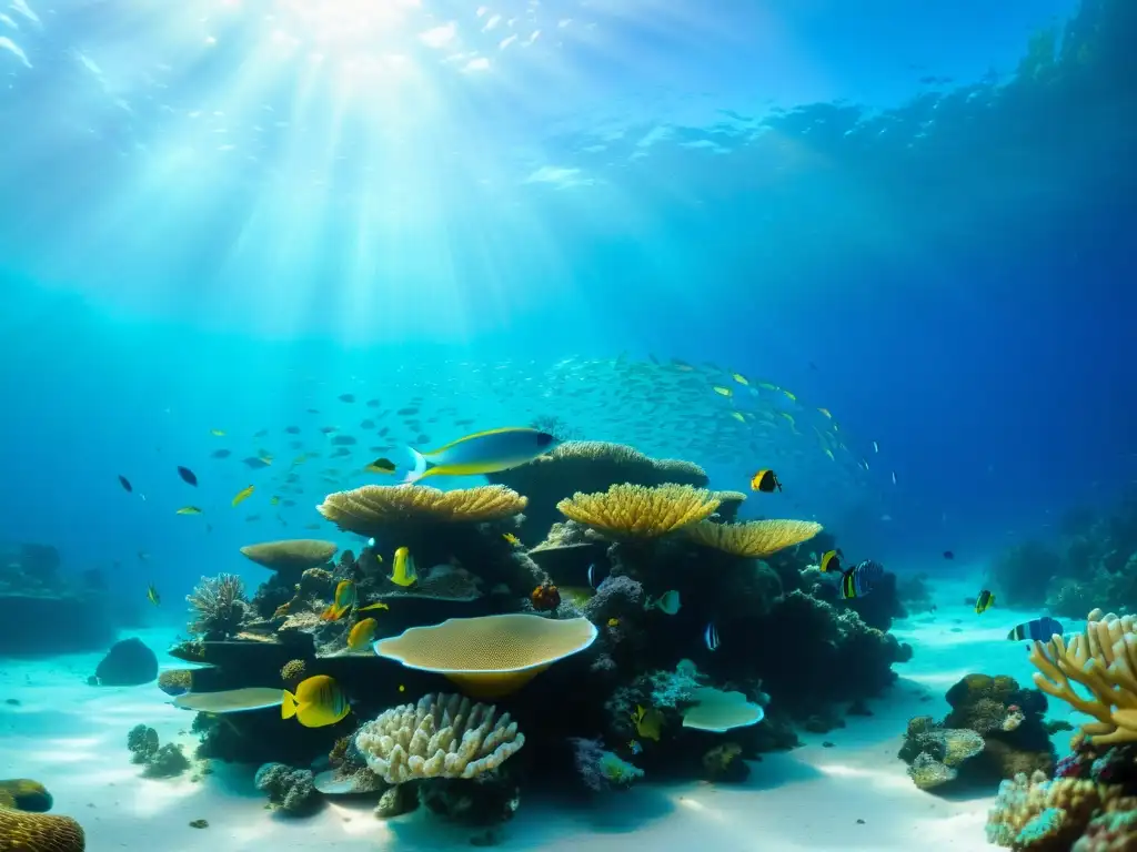 Un vibrante arrecife de coral repleto de peces de colores y vida marina, con rayos de sol filtrándose a través del agua cristalina