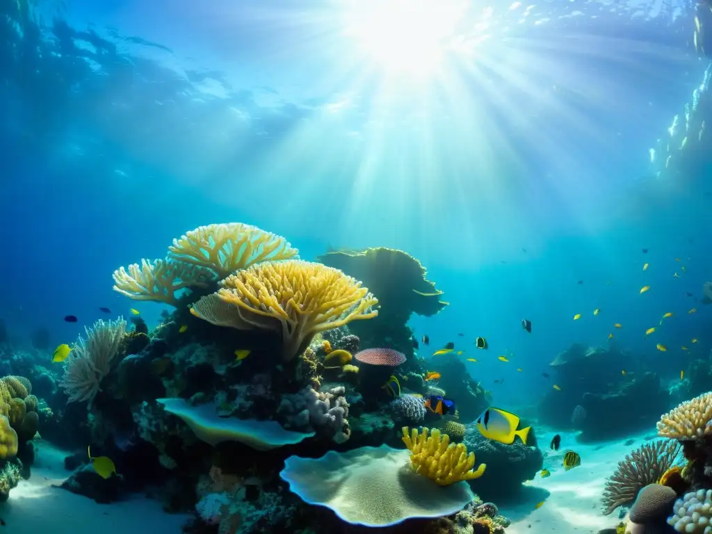 Un vibrante arrecife de coral repleto de vida marina, con peces tropicales y corales coloridos