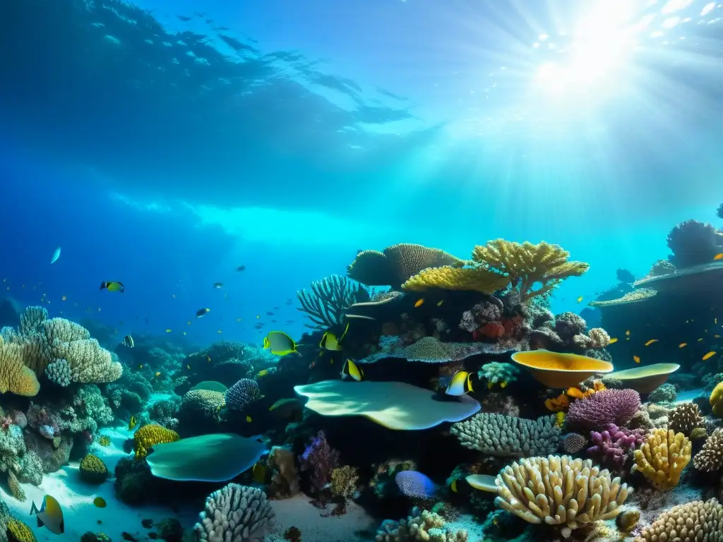 Vibrante arrecife de coral en 8k, repleto de vida marina y hermosas formaciones, iluminado por la luz del sol