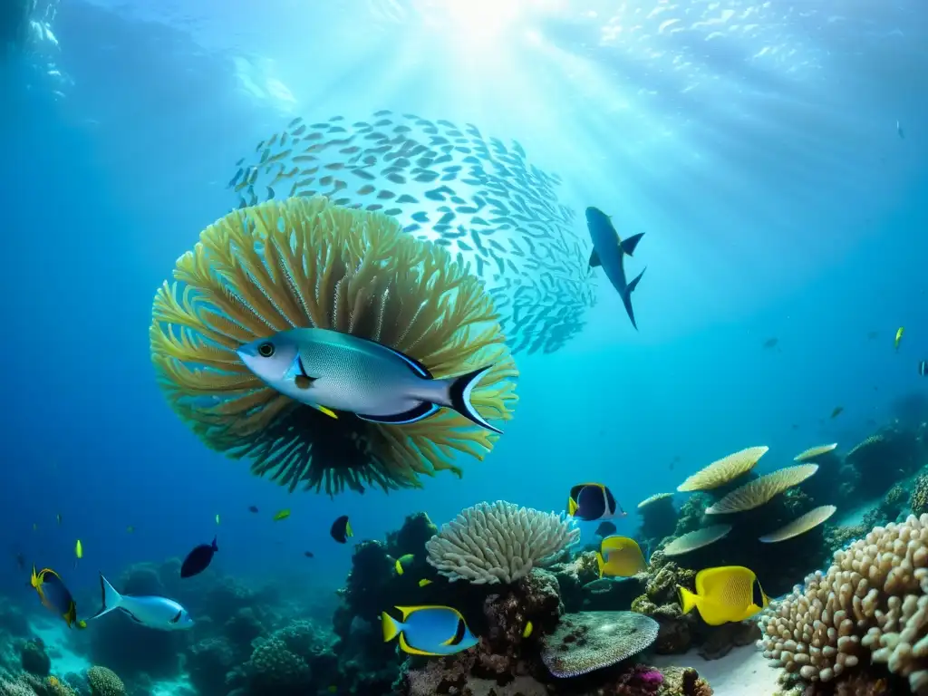 Un vibrante arrecife de coral repleto de vida, con peces limpiadores coloridos