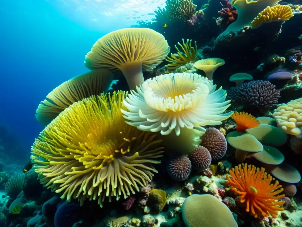 Un vibrante arrecife de coral repleto de invertebrados marinos, revelando una asombrosa diversidad de especies y texturas submarinas