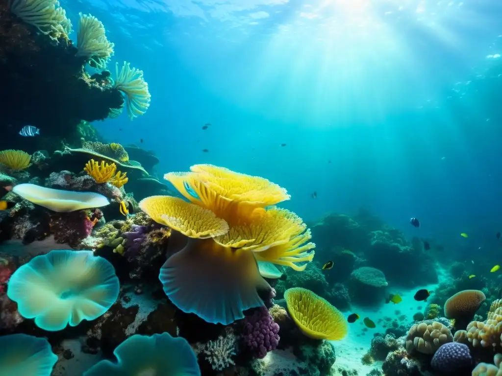 Un vibrante arrecife de coral repleto de vida marina, desde anémonas hasta corales blandos