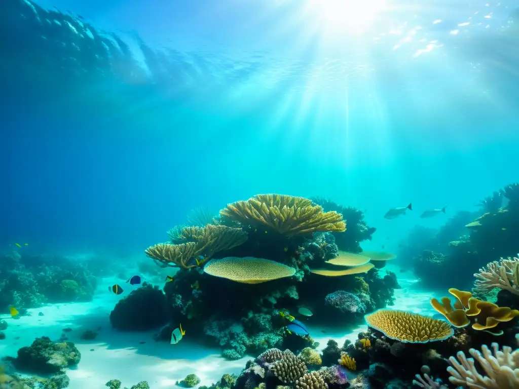 Un vibrante arrecife de coral rodeado de aguas cristalinas, hogar de peces y vida marina colorida