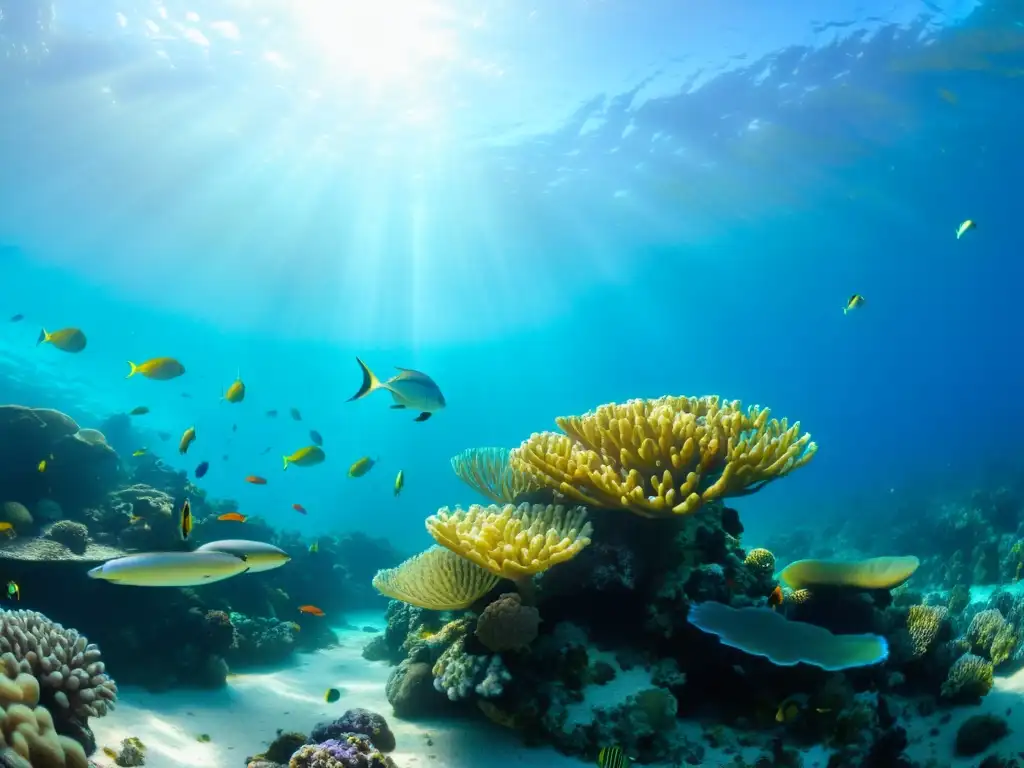 Un vibrante arrecife de coral rodeado de agua cristalina y lleno de vida marina