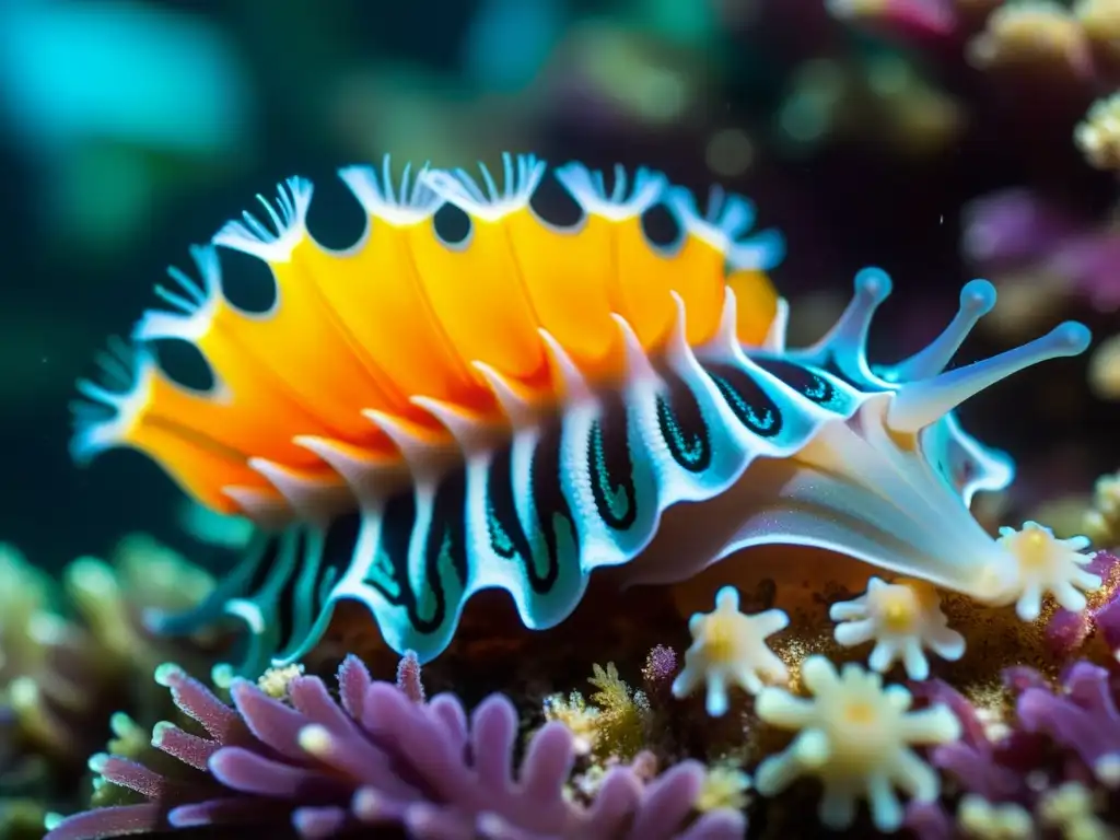 Vibrante nudibranquio en arrecife de coral, rodeado de vida marina