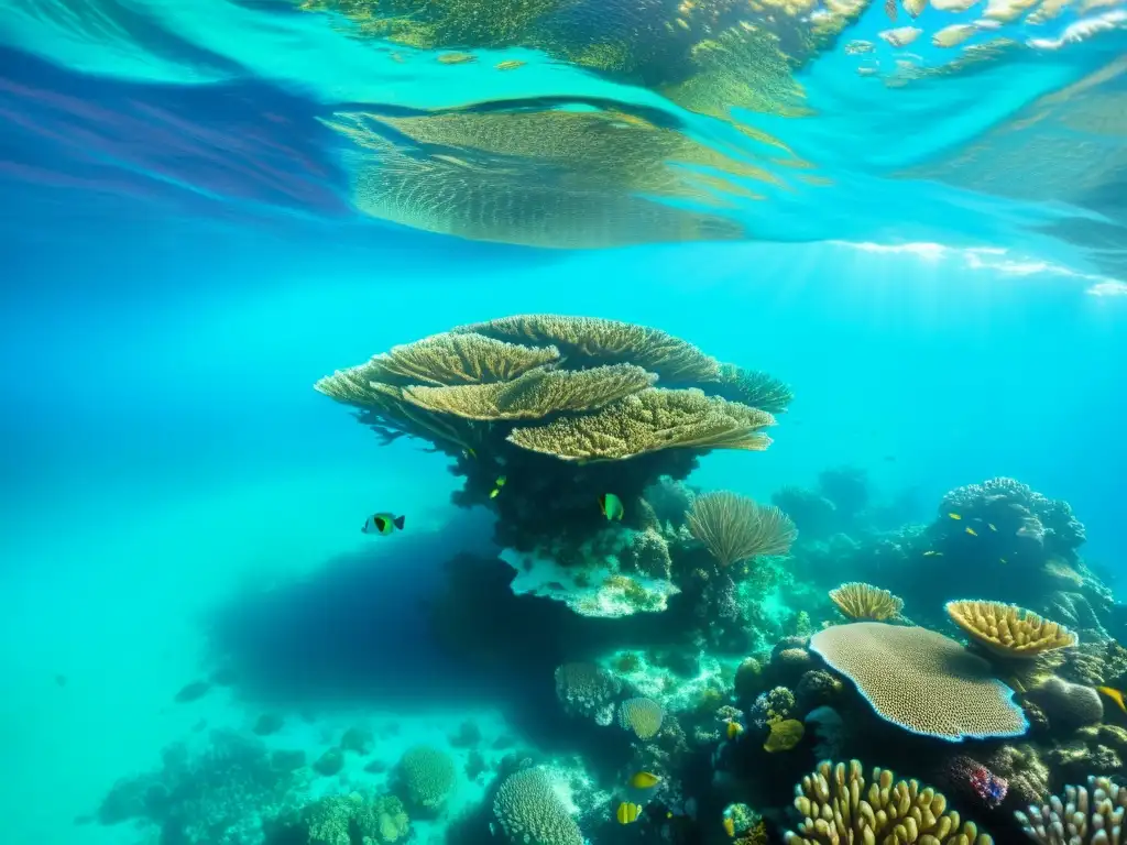 Vibrante arrecife de coral rodeado de agua turquesa, impacto ambiental de la pesca fantasma en la distancia