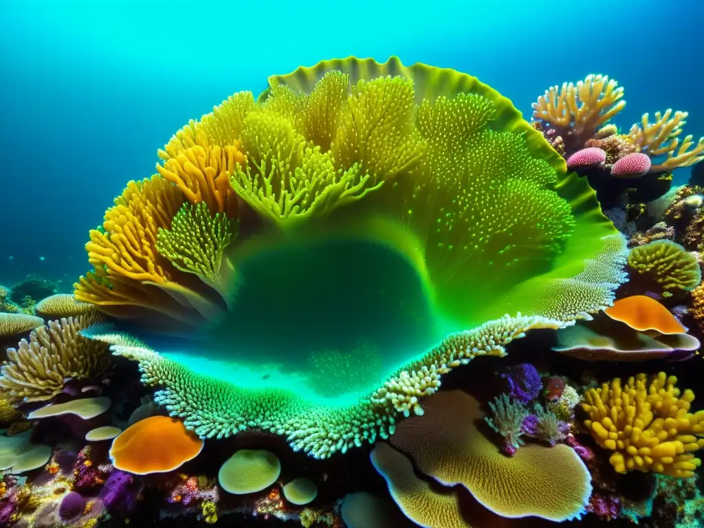 Vibrante arrecife de coral con simbiosis entre moluscos y algas, creando un ecosistema intrincado y colorido bajo el agua