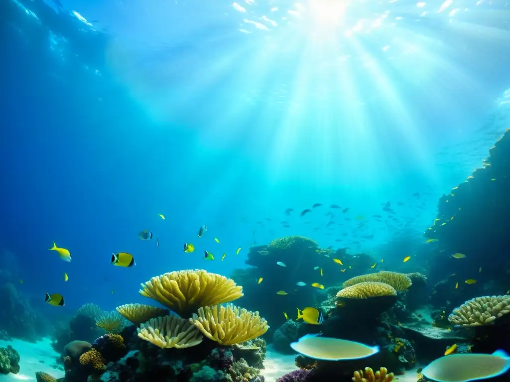 Un vibrante arrecife de coral bajo el sol, con peces tropicales, plantas marinas y formaciones de coral