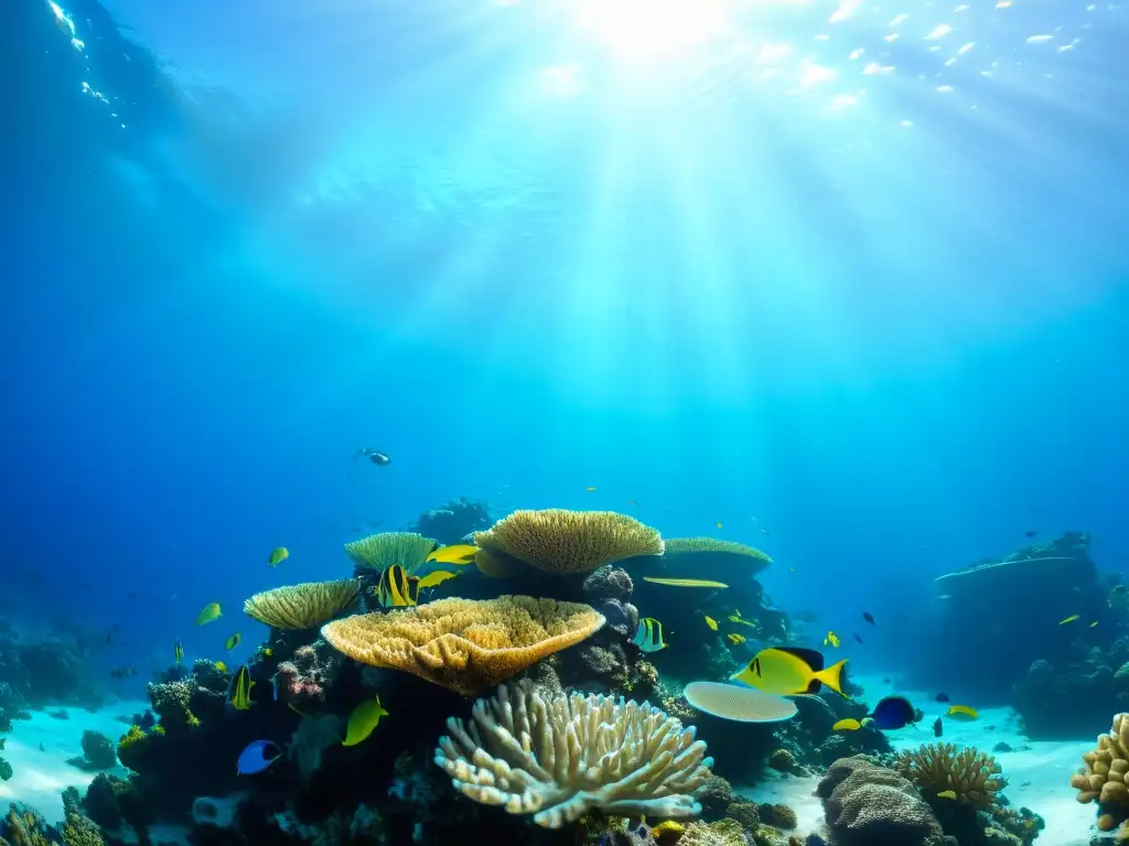 Un vibrante arrecife de coral bajo el sol, muestra la necesidad de soluciones plásticos biodegradables océano