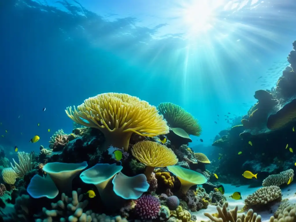 Un vibrante arrecife de coral en 8k muestra la biodiversidad submarina y las adaptaciones de la vida submarina en un juego de luces y sombras