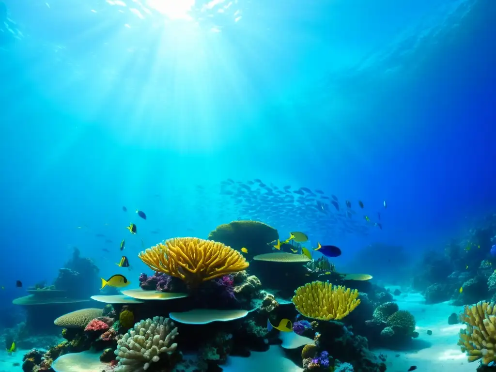 Un vibrante arrecife de coral submarino, con peces de colores y luz solar, muestra la importancia de la balance de blancos en fotografía submarina